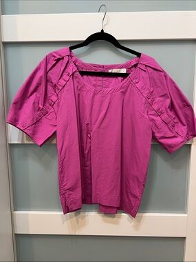 LOFT Fuchsia Puff-Sleeve Button-Trim Blouse
